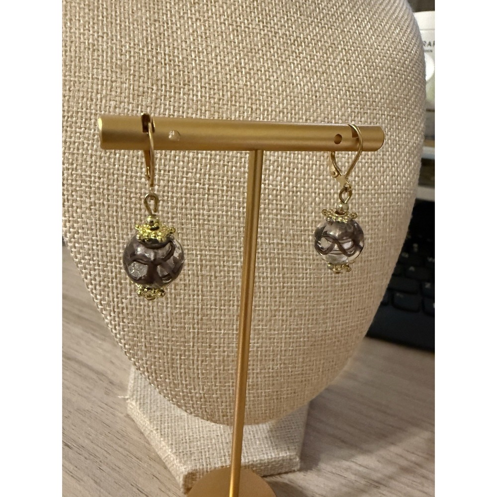 Murano Style Glass Bead Drop Earrings Gold Tone Leverback Smoky Grey Swirl